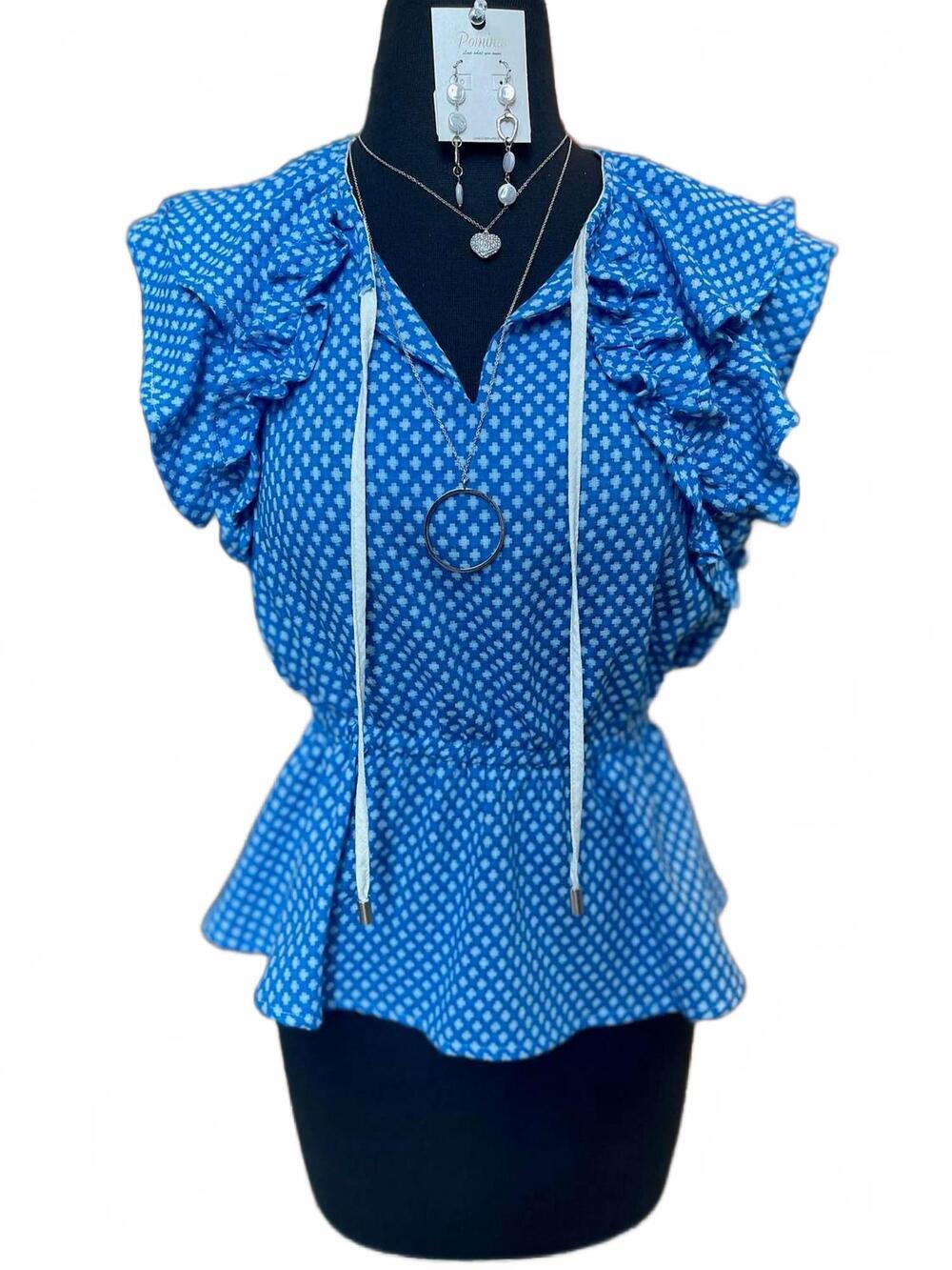 NEW UMGEE women's ruffle sleeve peplum stretch waist top in azure